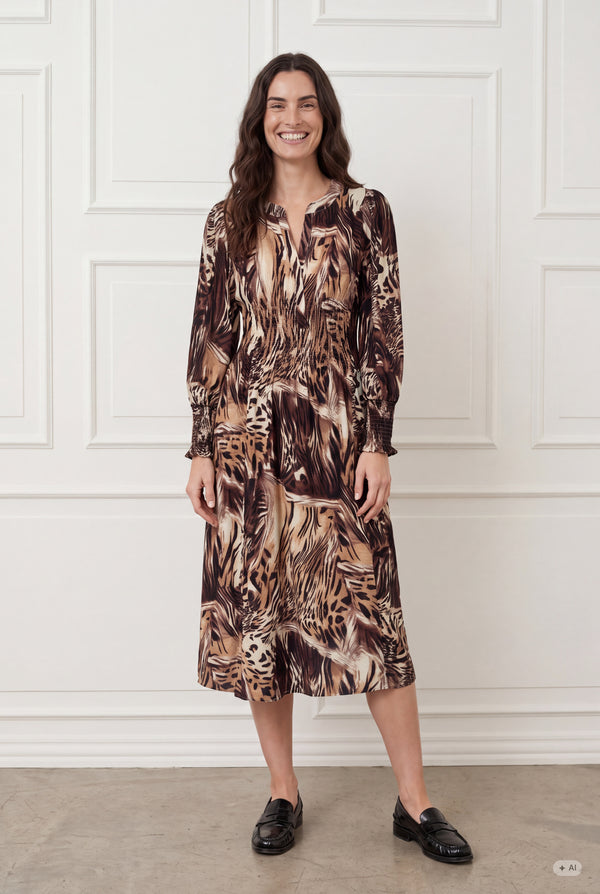 I SAY Ane V-Neck Dress Dresses N58 Brown Drawing