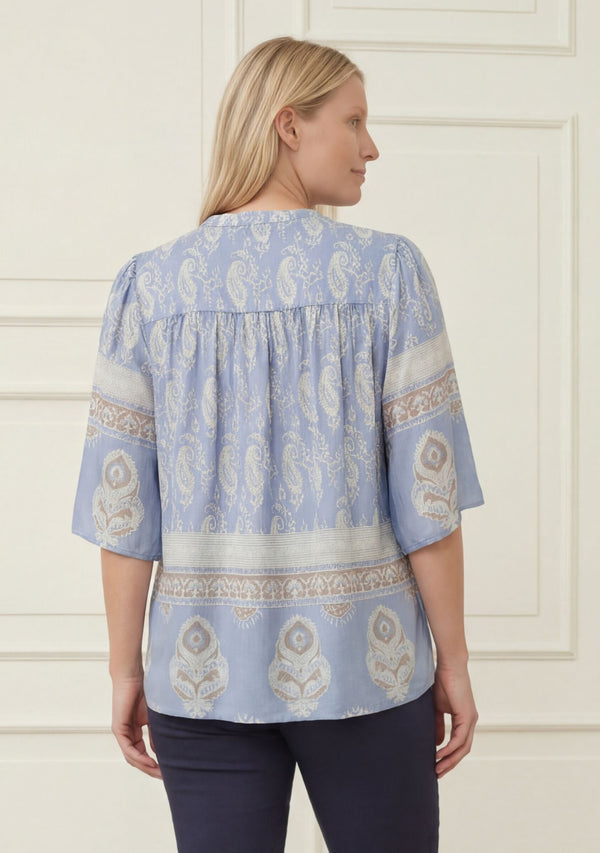 I SAY Ane s/s Blouse Blouses D88 Light Blue Border Paisley