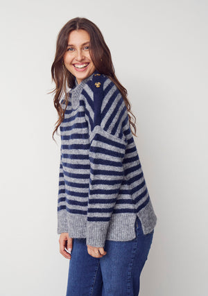 I SAY Anna Button Pullover Knitwear M30 Grey w/Blue Stripe