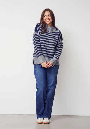 I SAY Anna Button Pullover Knitwear M30 Grey w/Blue Stripe