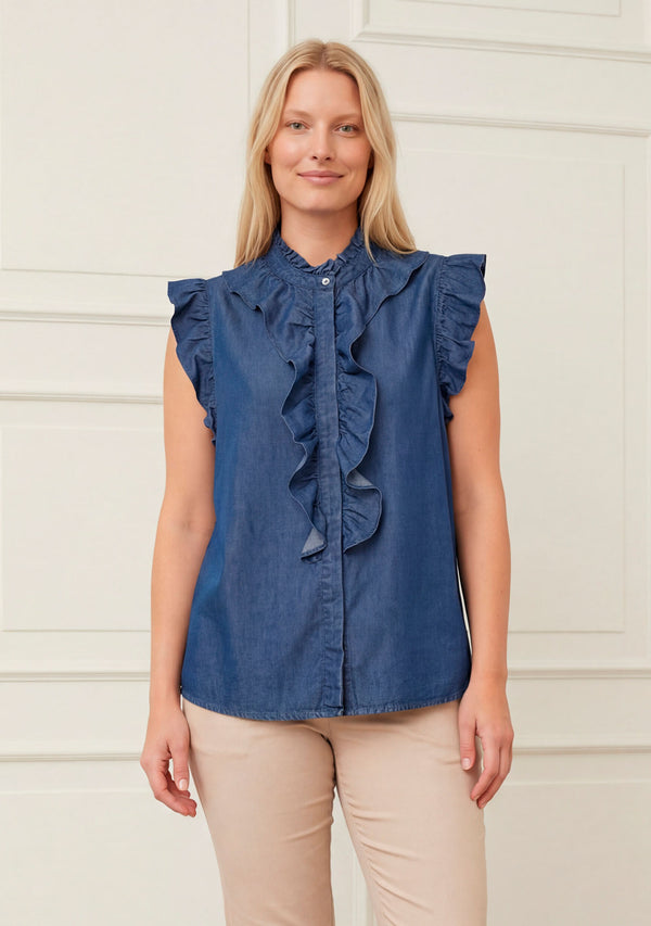 I SAY Ganja Flounce Top Tops 687 Dark Denim Wash